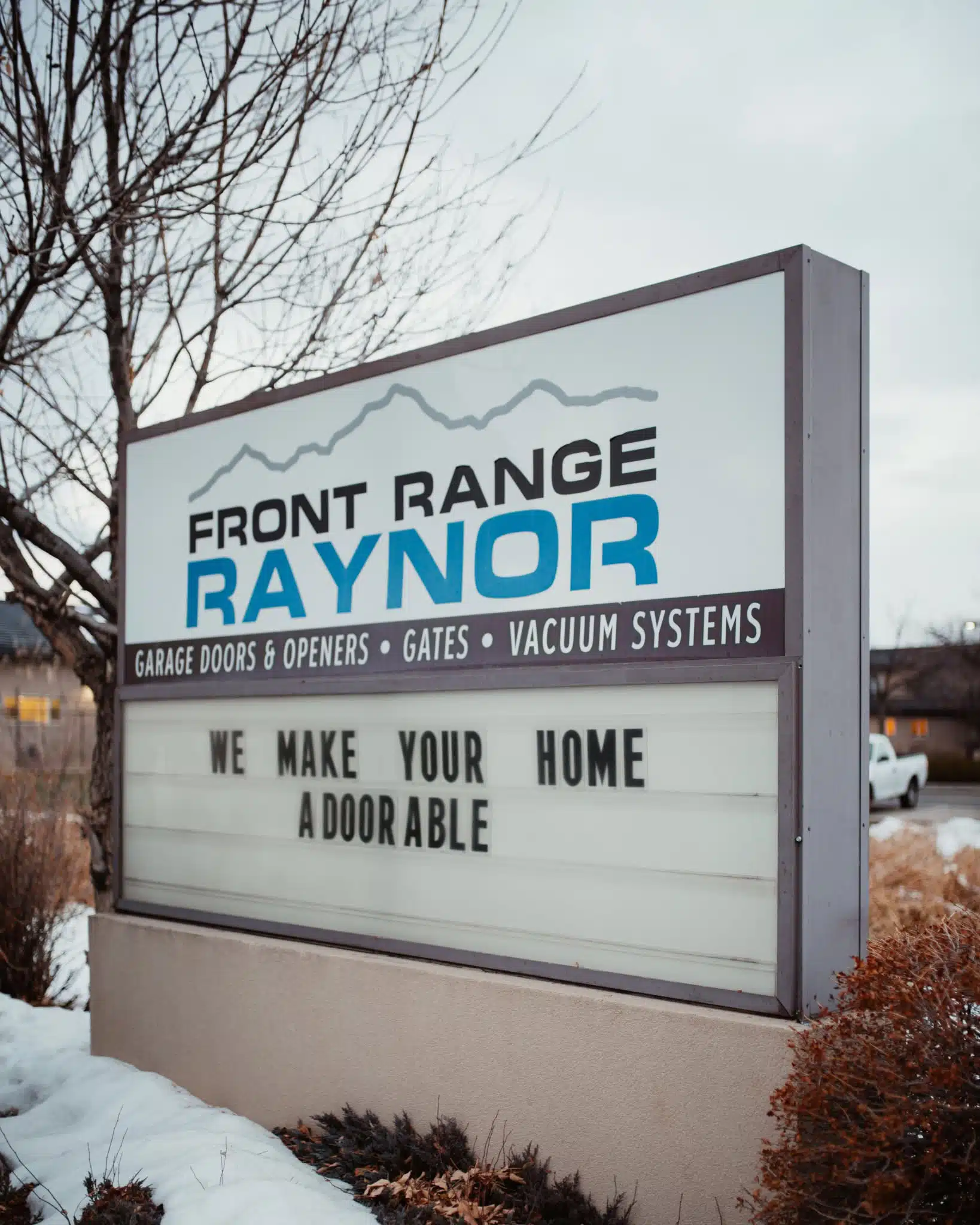 Front Range Raynor sign outside the Fort Collins showroom